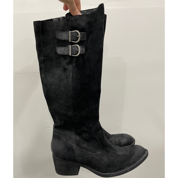 Born Basil Double Buckle Distress Black Suede Leather Heeled Riding Boot Size 8 - Picture 1 of 11